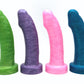 A side profile of four Uberrime Essential Model A dildos lined up. The toy is a semi-realistic design with a defined head and subtly curved shaft for g-spot stimulation.